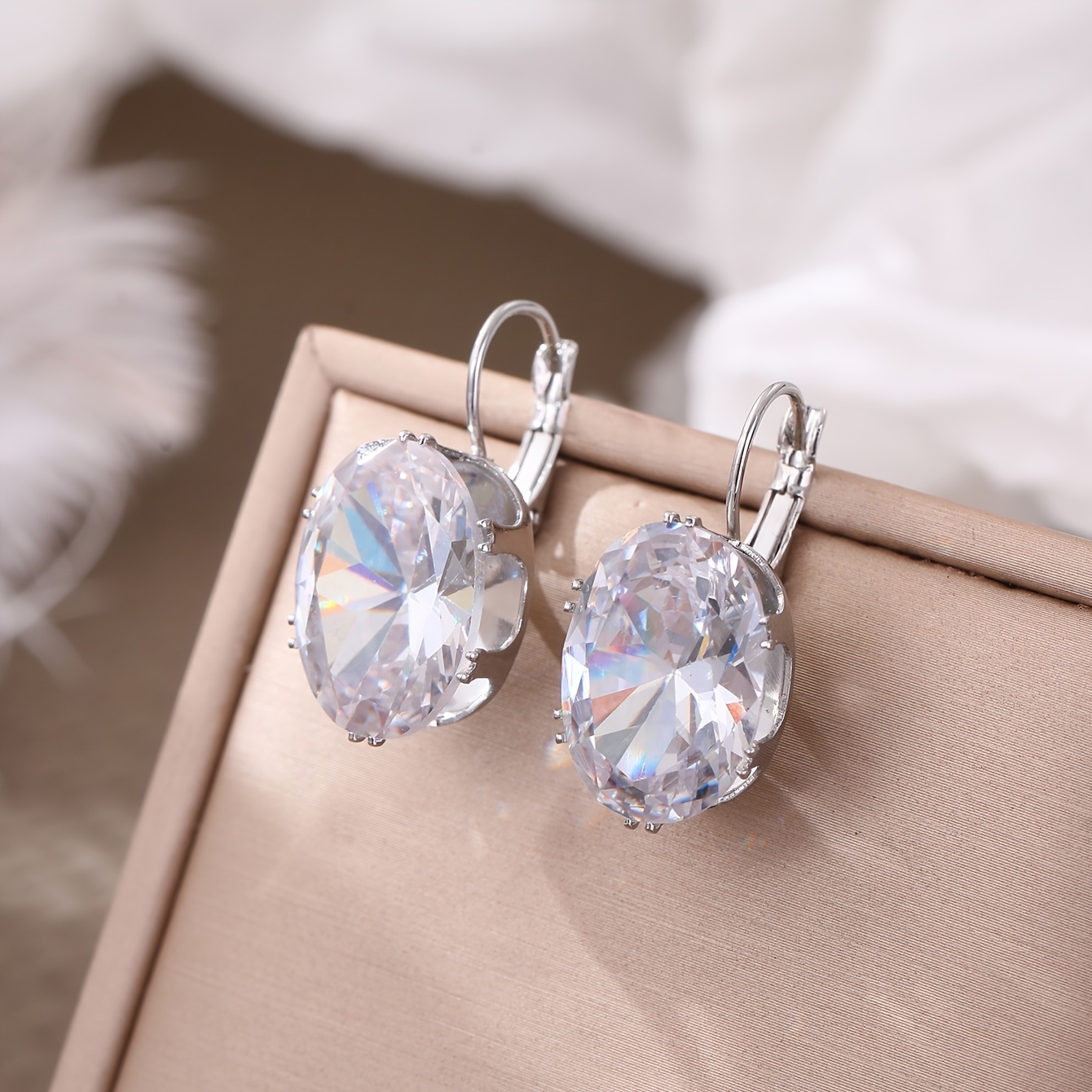 Women's Plated Cubic Synthetic Zirconia Oval Earrings